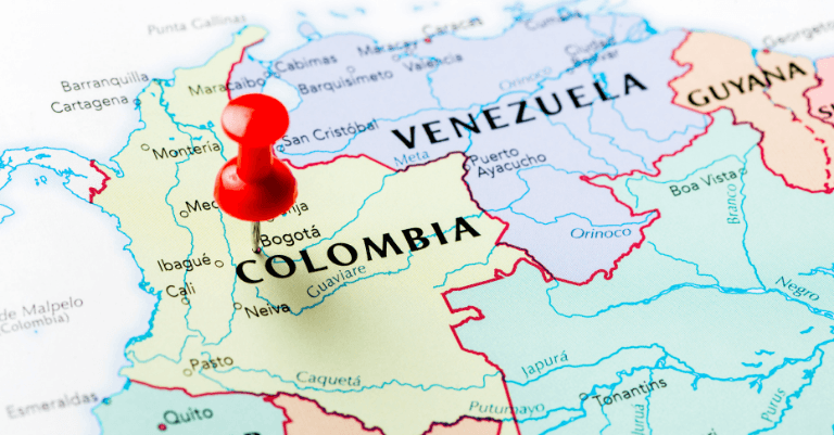 A lively street scene in Bogotá, Colombia.