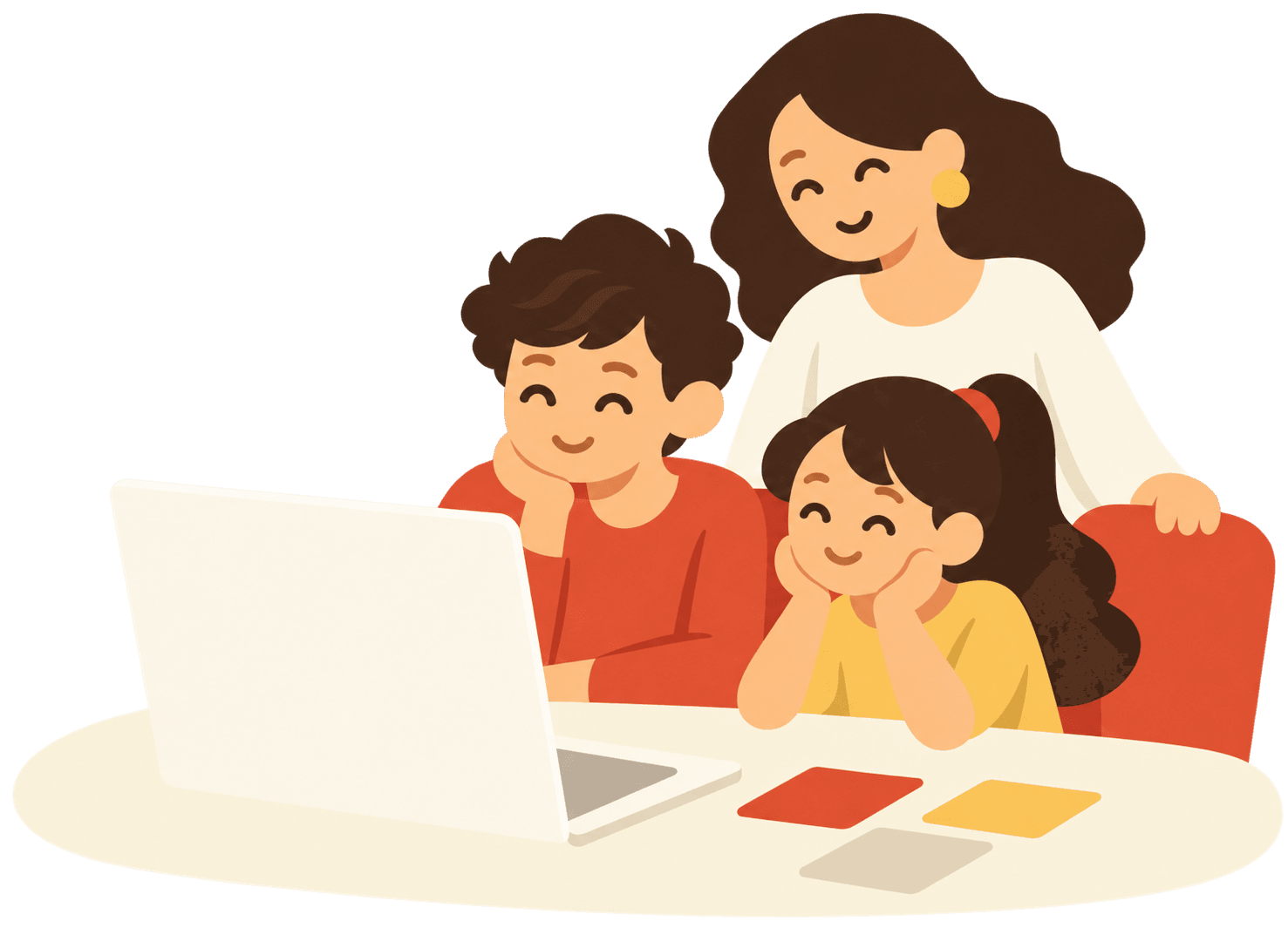 A parent standing behind two children at a table with a laptop showing their tutor