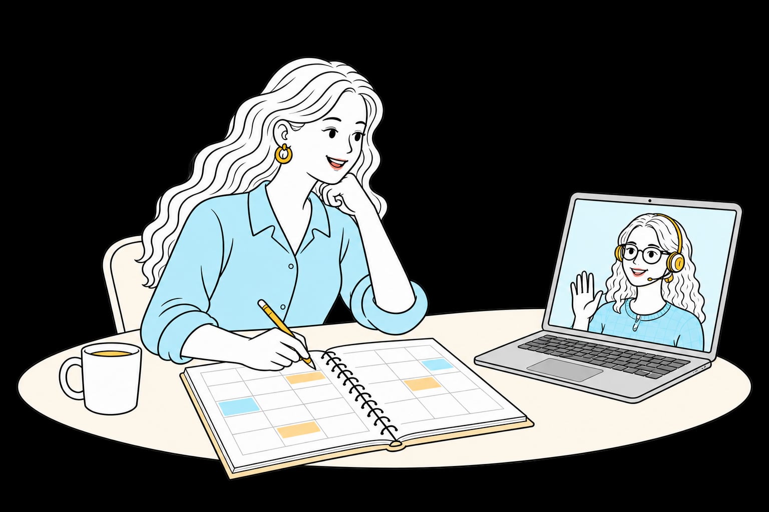 A learner marks her Spanish lessons in a planner while her tutor waves from a video call on the laptop.